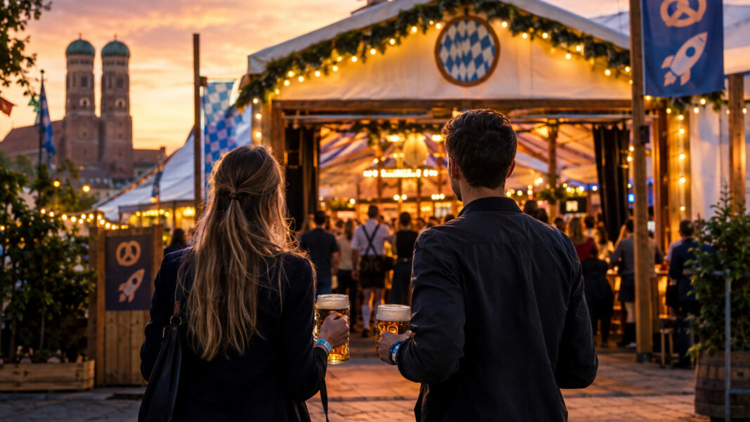 Bits & Pretzels in München Gründerpaar von hinten am beleuchteten Messezelt in München, mit Maßkrug und Eventbändern im Abendlicht.