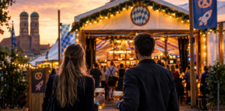 Gründerpaar von hinten am beleuchteten Messezelt in München, mit Maßkrug und Eventbändern im Abendlicht.