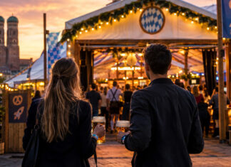 Zum fünften Mal begrüßt die Bits & Pretzels die Startup-Szene in München Gründerpaar von hinten am beleuchteten Messezelt in München, mit Maßkrug und Eventbändern im Abendlicht.