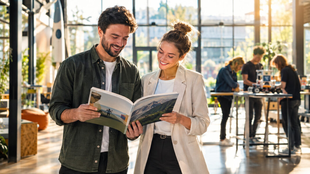 Gründerpaar hält einen Karriere-Ratgeber in einer hellen Startup-Halle, im Hintergrund arbeitet ein Team