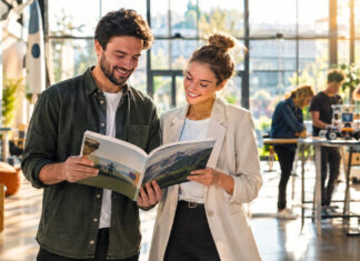 Gründerpaar hält einen Karriere-Ratgeber in einer hellen Startup-Halle, im Hintergrund arbeitet ein Team