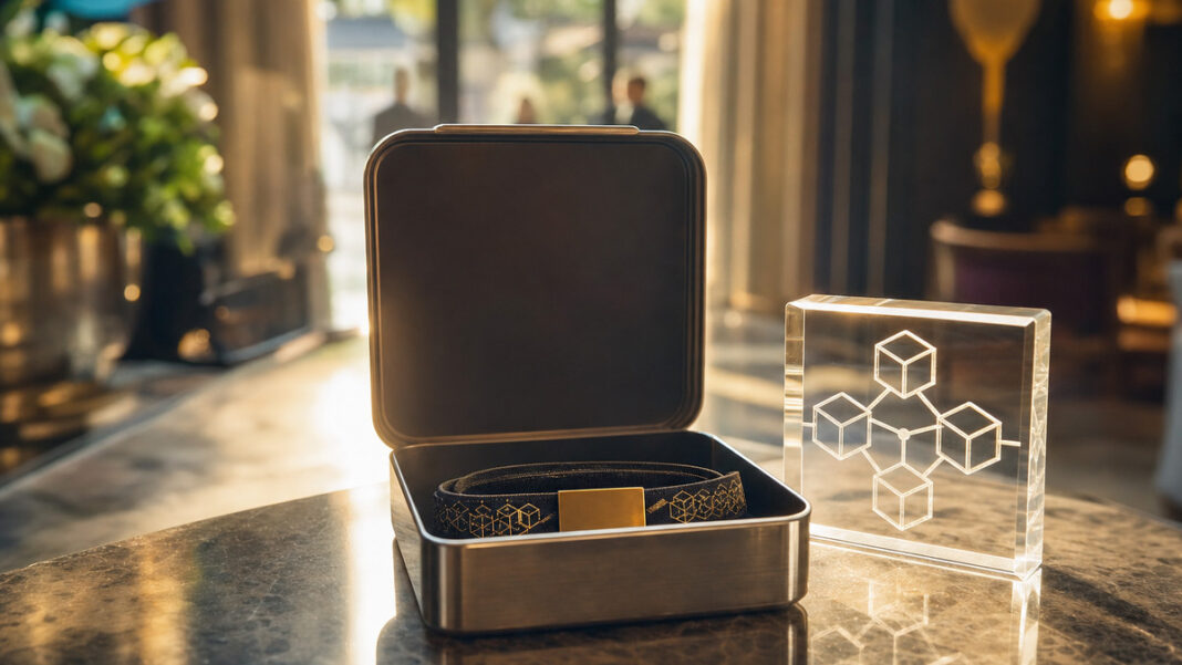 Crypto-Event Tickets in Metallbox Geöffnete Metallbox mit Konferenztickets und Glas-Plakette im natürlichen Licht