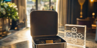 Geöffnete Metallbox mit Konferenztickets und Glas-Plakette im natürlichen Licht