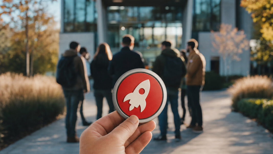 Hand am roten Startknopf vor einem Campusgebäude, im Hintergrund Gründer-Silhouetten