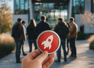Hand am roten Startknopf vor einem Campusgebäude, im Hintergrund Gründer-Silhouetten