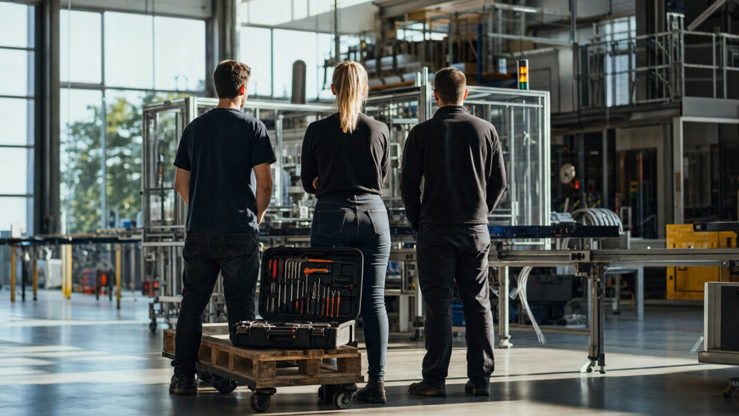 Gründerin und Team in einer Werkhalle vor einer neuen Produktionslinie bei natürlichem Licht.