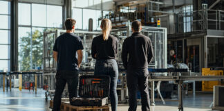Gründerin und Team in einer Werkhalle vor einer neuen Produktionslinie bei natürlichem Licht.