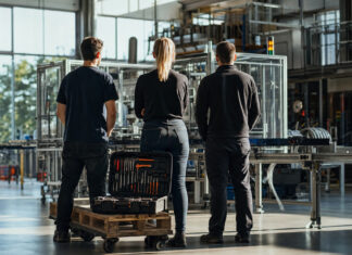 Gründerinnen in Deutschland Gründerin und Team in einer Werkhalle vor einer neuen Produktionslinie bei natürlichem Licht.