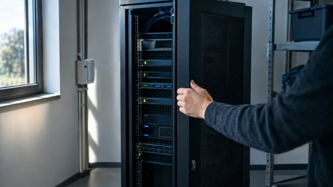 Kompakter Server im Technikraum, eine Hand schließt die Tür, natürliches Licht von der Seite