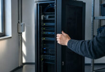 „Der einfachste und sicherste Server der Welt“ – Interview mit Matthias Bollwein von Uniki Kompakter Server im Technikraum, eine Hand schließt die Tür, natürliches Licht von der Seite