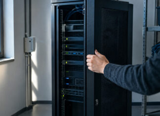 „Der einfachste und sicherste Server der Welt“ – Interview mit Matthias Bollwein von Uniki Kompakter Server im Technikraum, eine Hand schließt die Tür, natürliches Licht von der Seite