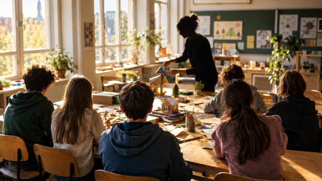 Unternehmergeist in der Schule Schüler basteln im Klassenraum kleine Prototypen, Lehrerin zeigt daneben auf ein Modell im Tageslicht.