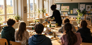 Schüler basteln im Klassenraum kleine Prototypen, Lehrerin zeigt daneben auf ein Modell im Tageslicht.