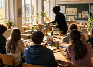 Schüler basteln im Klassenraum kleine Prototypen, Lehrerin zeigt daneben auf ein Modell im Tageslicht.