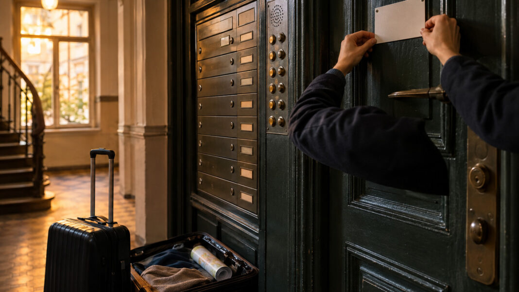 Altbau-Eingang in Berlin mit Klingel- und Briefkastenanlage, Hand am Hinweisschild, Koffer im Flur