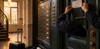 Altbau-Eingang in Berlin mit Klingel- und Briefkastenanlage, Hand am Hinweisschild, Koffer im Flur