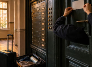 Altbau-Eingang in Berlin mit Klingel- und Briefkastenanlage, Hand am Hinweisschild, Koffer im Flur