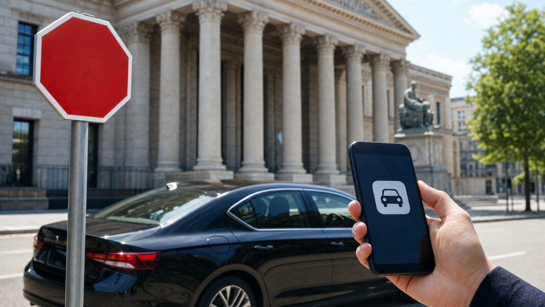 Uber Niederlage in Europa Schwarzer Fahrdienstwagen vor Gerichtsgebäude, daneben eine Hand mit Smartphone und Stoppschild