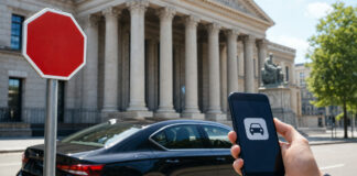 Schwarzer Fahrdienstwagen vor Gerichtsgebäude, daneben eine Hand mit Smartphone und Stoppschild