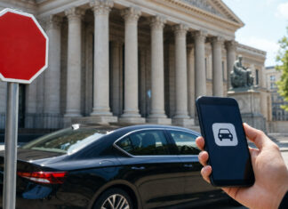 Schwarzer Fahrdienstwagen vor Gerichtsgebäude, daneben eine Hand mit Smartphone und Stoppschild