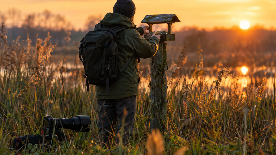 Fotograf am Feuchtgebiet legt eine Futterstation auf einen Pfosten; Kamera im Gras, Abendlicht