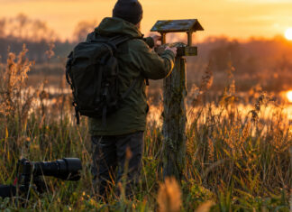 Fotograf am Feuchtgebiet legt eine Futterstation auf einen Pfosten; Kamera im Gras, Abendlicht