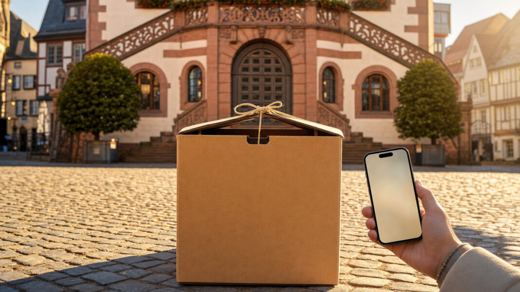 Umzugskarton vor historischem Rathaus, daneben eine Hand mit Smartphone im Tageslicht