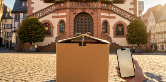 Umzugskarton vor historischem Rathaus, daneben eine Hand mit Smartphone im Tageslicht
