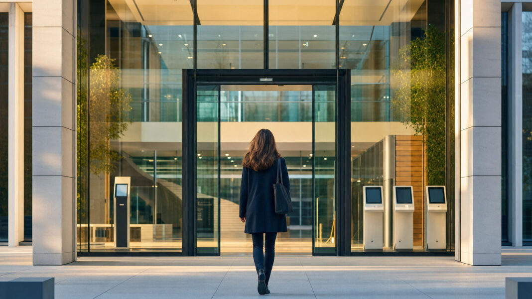 Person von hinten vor einem modernen Rathaus-Foyer mit digitalen Service-Terminals
