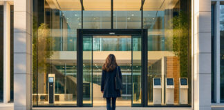 Person von hinten vor einem modernen Rathaus-Foyer mit digitalen Service-Terminals
