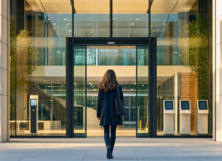 Person von hinten vor einem modernen Rathaus-Foyer mit digitalen Service-Terminals