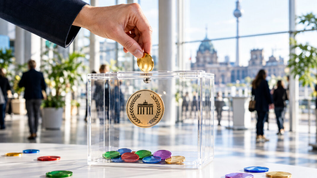 Hand wirft Chip in transparente Abstimmungsbox im hellen Event-Foyer