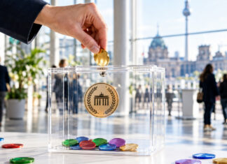 Hand wirft Chip in transparente Abstimmungsbox im hellen Event-Foyer
