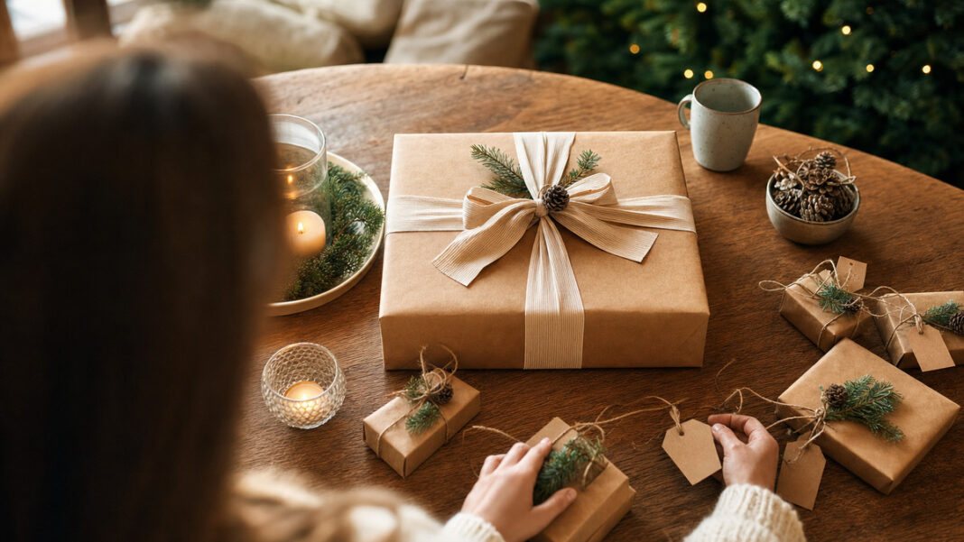Wunschliste Weihnachten Geschenke Geschenke auf einem festlich gedeckten Tisch, Hände sortieren Päckchen im warmen Fensterlicht.