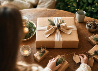 Geschenke auf einem festlich gedeckten Tisch, Hände sortieren Päckchen im warmen Fensterlicht.