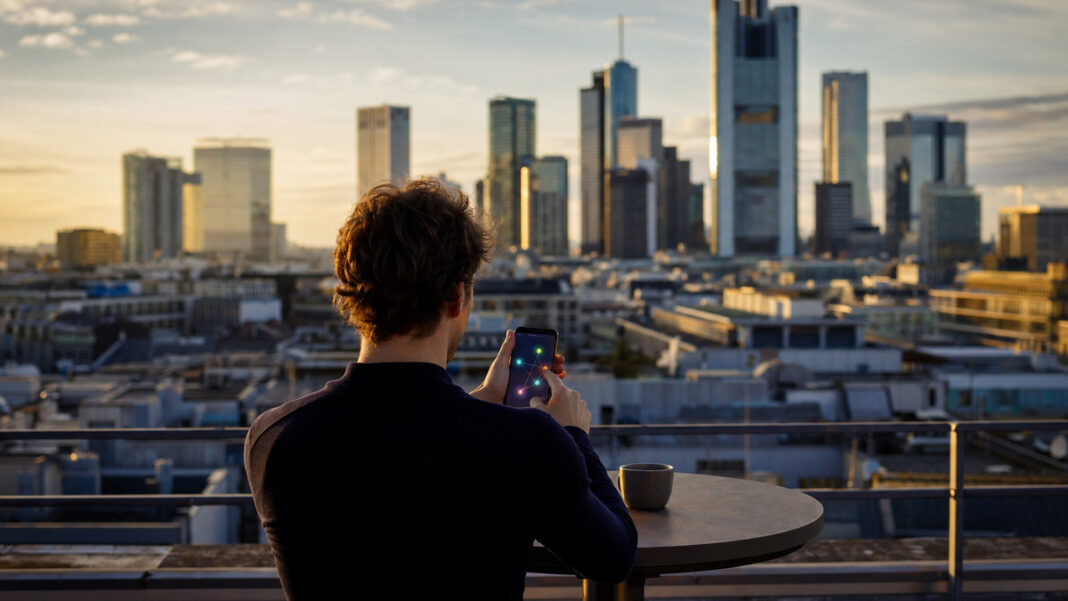 Virtuelle Zusammenarbeit über Distanz Person verbindet auf einer Dachterrasse farbige Ortsmarken per Faden, Stadt im Abendlicht