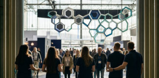 Messeeingang in der Westfalenhalle mit vernetzter Hängeinstallation und Besucher-Silhouetten