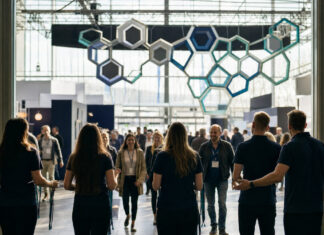 Messeeingang in der Westfalenhalle mit vernetzter Hängeinstallation und Besucher-Silhouetten