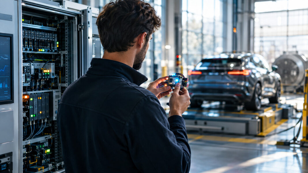 Daten in messbaren Mehrwert Data-Scientist in Fabrikhalle mit Sensorbauteil, im Hintergrund Auto auf Teststrecke