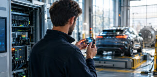 Data-Scientist in Fabrikhalle mit Sensorbauteil, im Hintergrund Auto auf Teststrecke