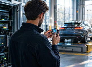 Data-Scientist in Fabrikhalle mit Sensorbauteil, im Hintergrund Auto auf Teststrecke