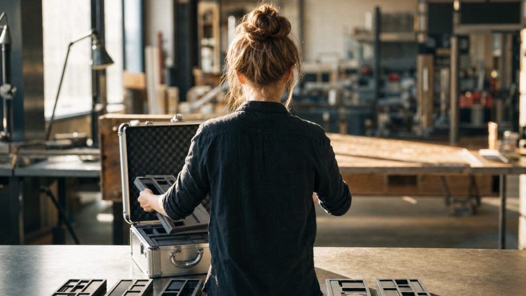 Gründerin packt Werkzeuge in einen Metallkoffer in einer hellen Werkstatt