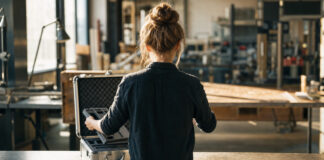 Gründerin packt Werkzeuge in einen Metallkoffer in einer hellen Werkstatt