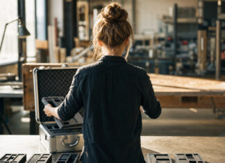 Gründerin packt Werkzeuge in einen Metallkoffer in einer hellen Werkstatt