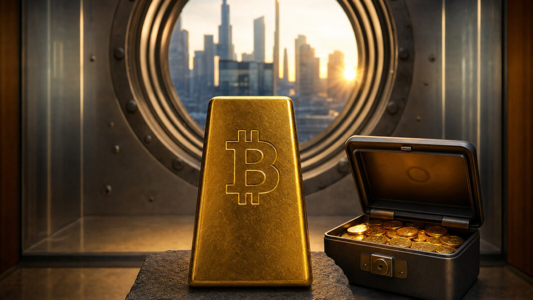 Bitcoin im Tresor Goldbarren mit Bitcoin-Symbol auf Steinblock neben geöffneter Geldkassette im Tresorraum