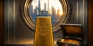 Goldbarren mit Bitcoin-Symbol auf Steinblock neben geöffneter Geldkassette im Tresorraum