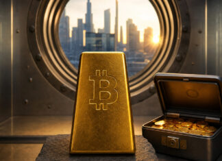 Goldbarren mit Bitcoin-Symbol auf Steinblock neben geöffneter Geldkassette im Tresorraum