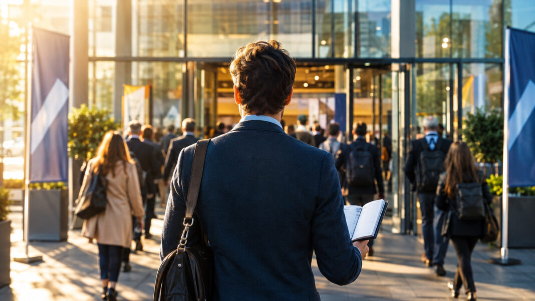 Startup-Event am Kongresszentrum Gründer vor dem Eingang eines Kongresszentrums, Besucher kommen herein, Morgenlicht