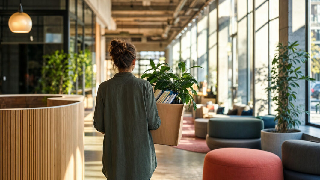 Gemeinschaftslobby in Berlin Person trägt Karton durch helle Gemeinschaftslobby mit Sitzinseln und Glaswänden.