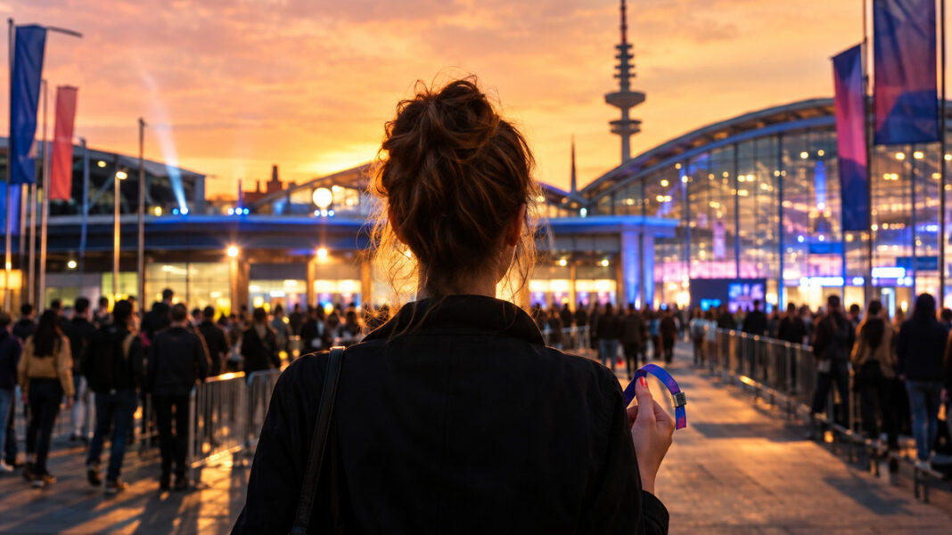 OMR Festival Hamburg Gründerin vor der Hamburger Messe mit Festivalbändchen und beleuchteten Hallen bei Abendlicht